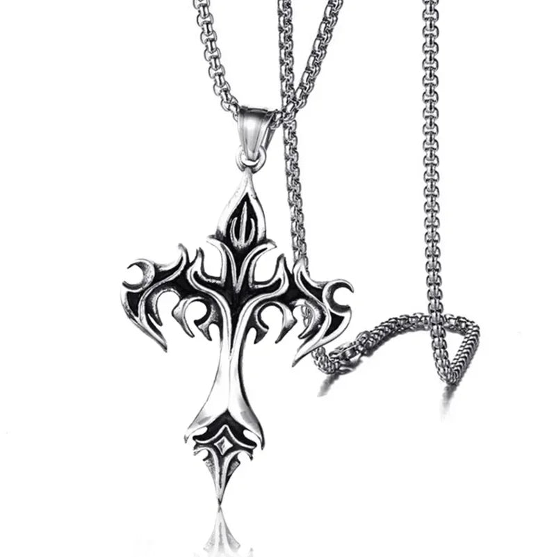 Punk Trend Retro Gothic Flame Cross Pendant Necklace – Uniquely Crafted Dark Jewelry for an Unflinching Statement