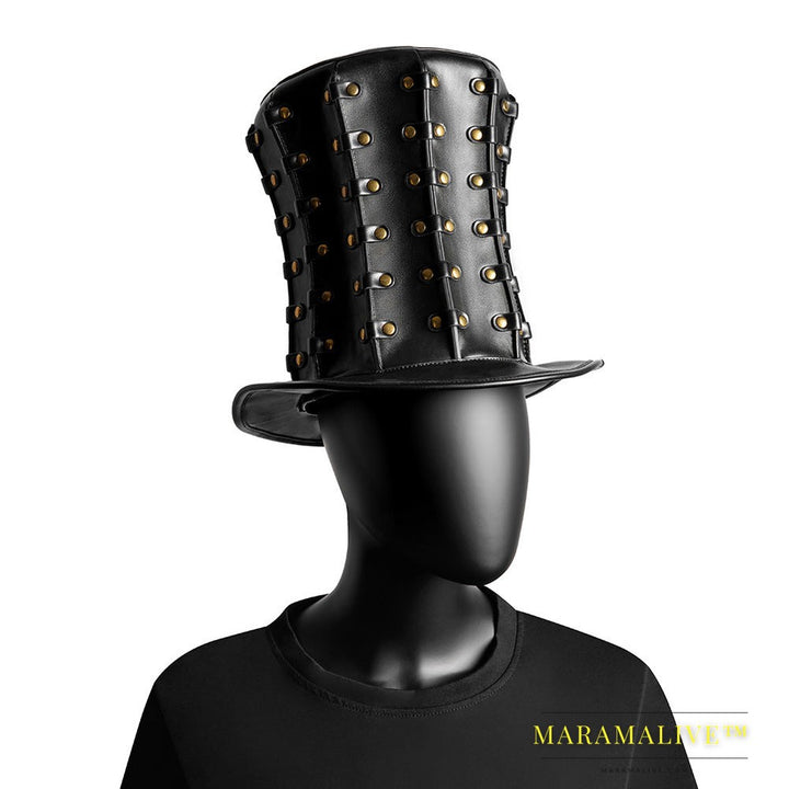 Punk Unisex Studded High Banquet PU Top Hat