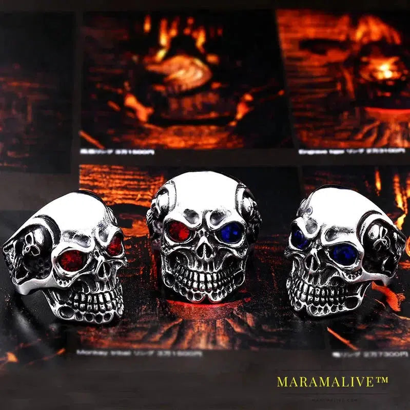 Punk cool Fashion Stainless Steel Rings For Man Big Tripple Skull Product Punk Biker Jewelry Gift