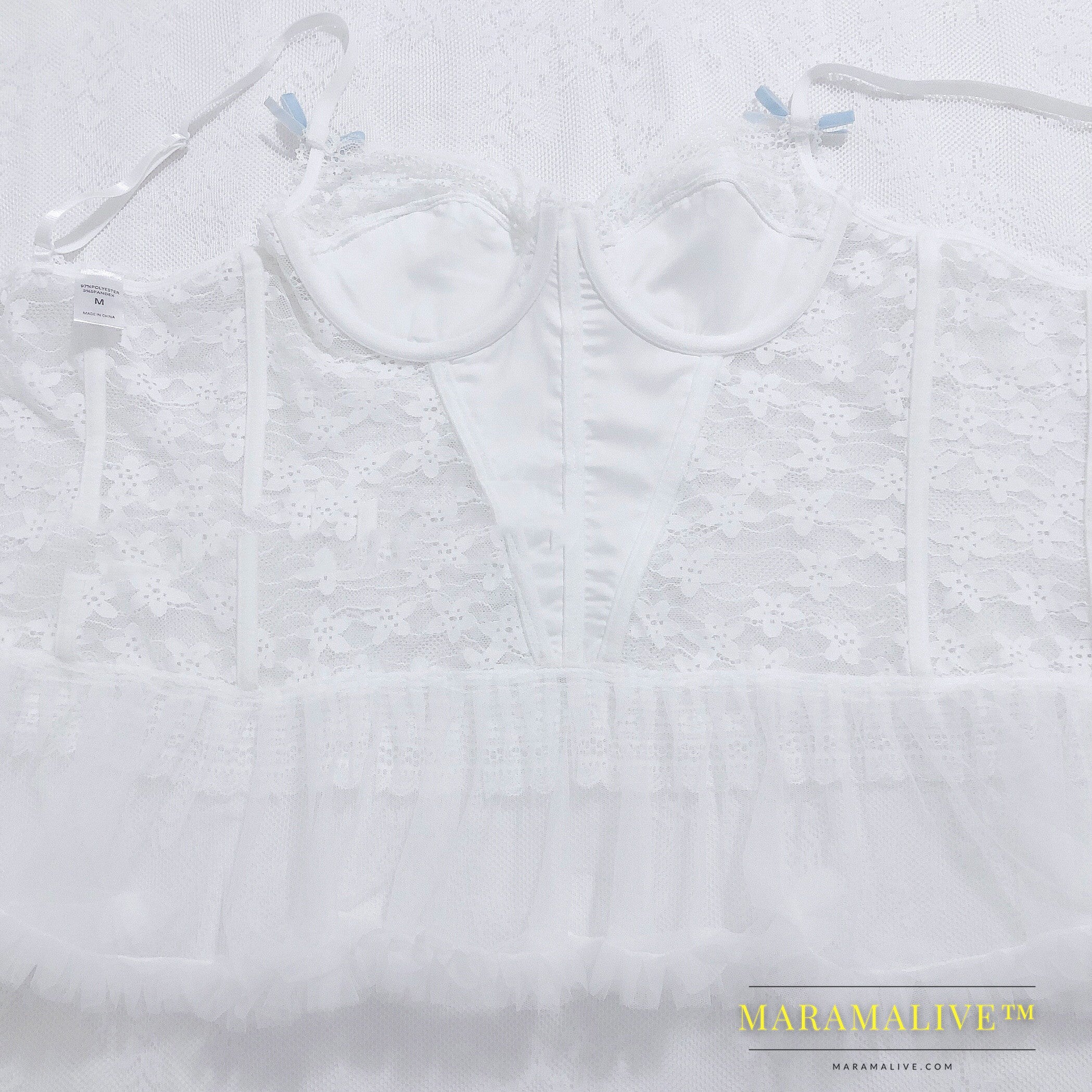 Pure Desire Net Yarn Skirt Hand-made Cream Lace Stitching Satin Sling Bra