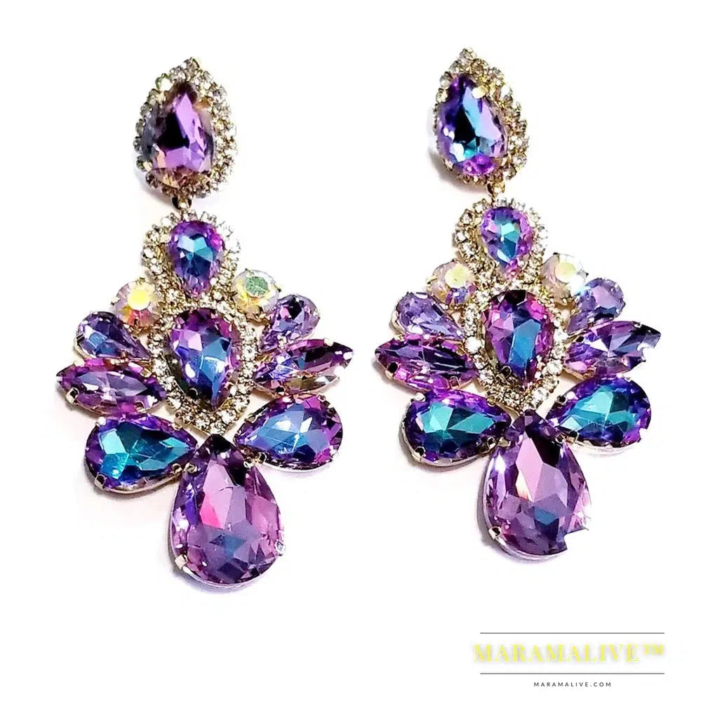 Purple Crystal Dangle Earrings for Women Studs Wedding Free Shipping Water Drop Statement Rhinestone Earrings Jewelry