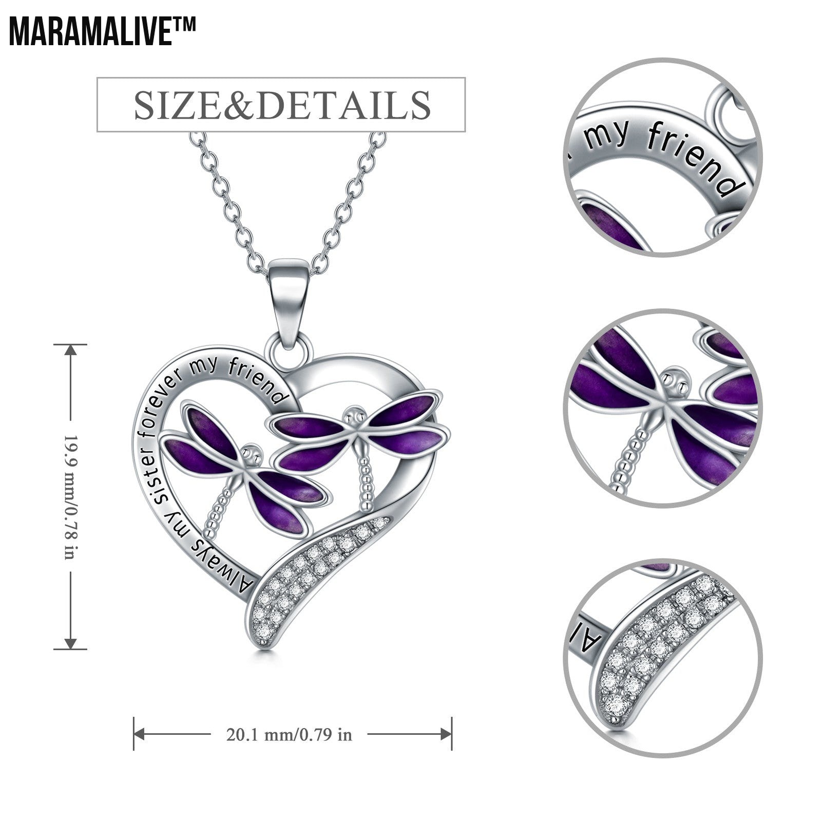 Purple Dragonfly Pendant Necklace in White Gold Plated Sterling Silver