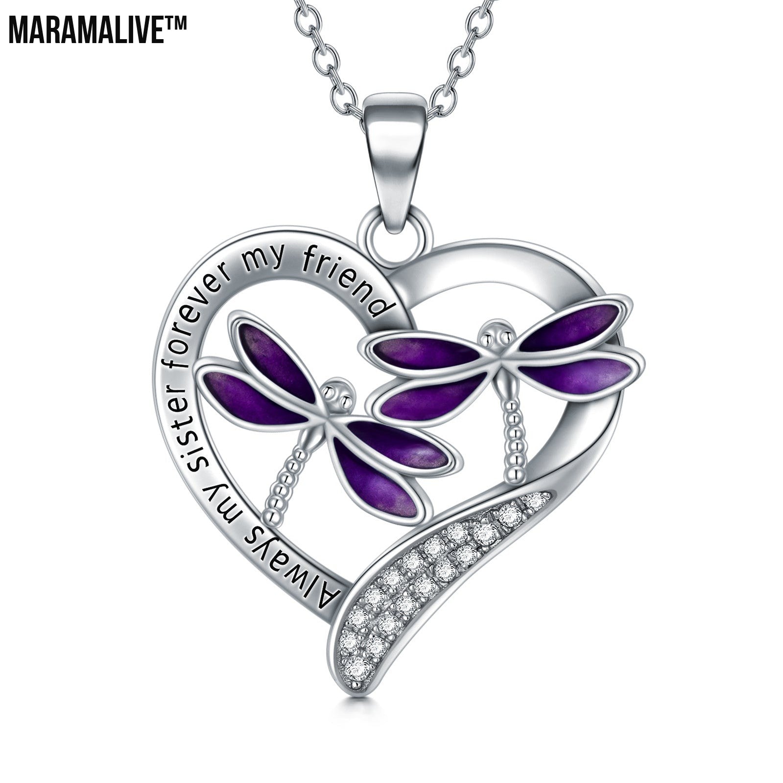 Purple Dragonfly Pendant Necklace in White Gold Plated Sterling Silver