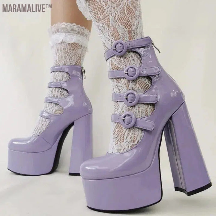 Purple Lolita Women's High Heels 15cm with Thick Bottom Buckle Round Head Hollow Out for Comfort Sweet Sandals