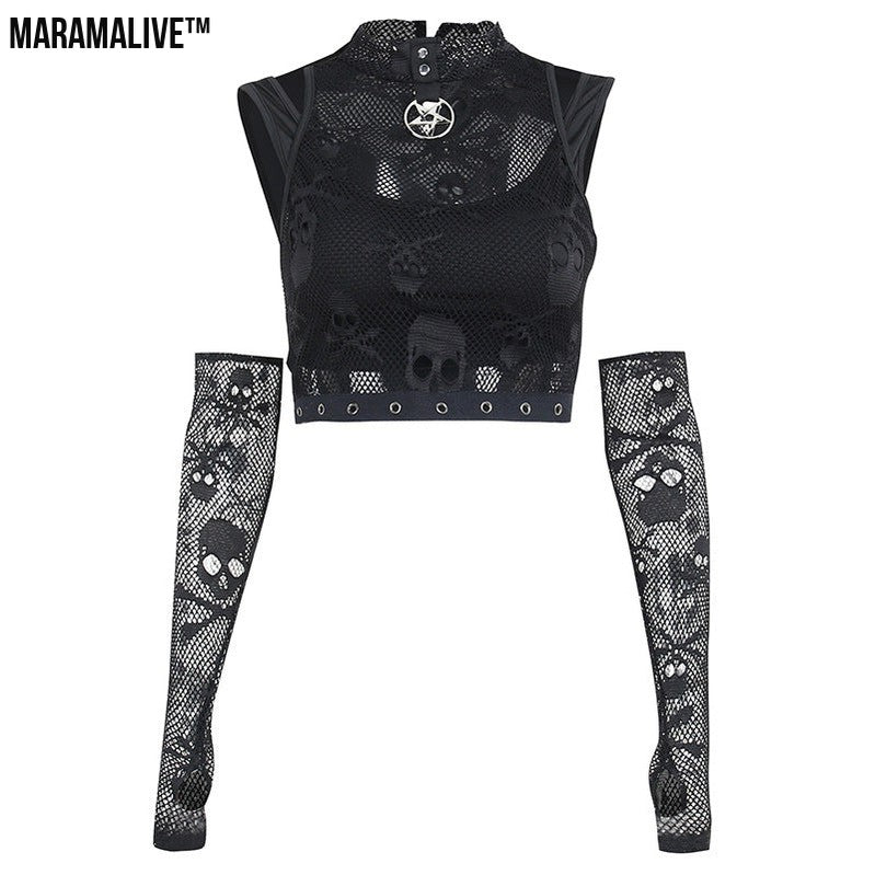 Raven’s Song: Skull Mesh Sleeve Lace See-through Gothic Vest Two-piece