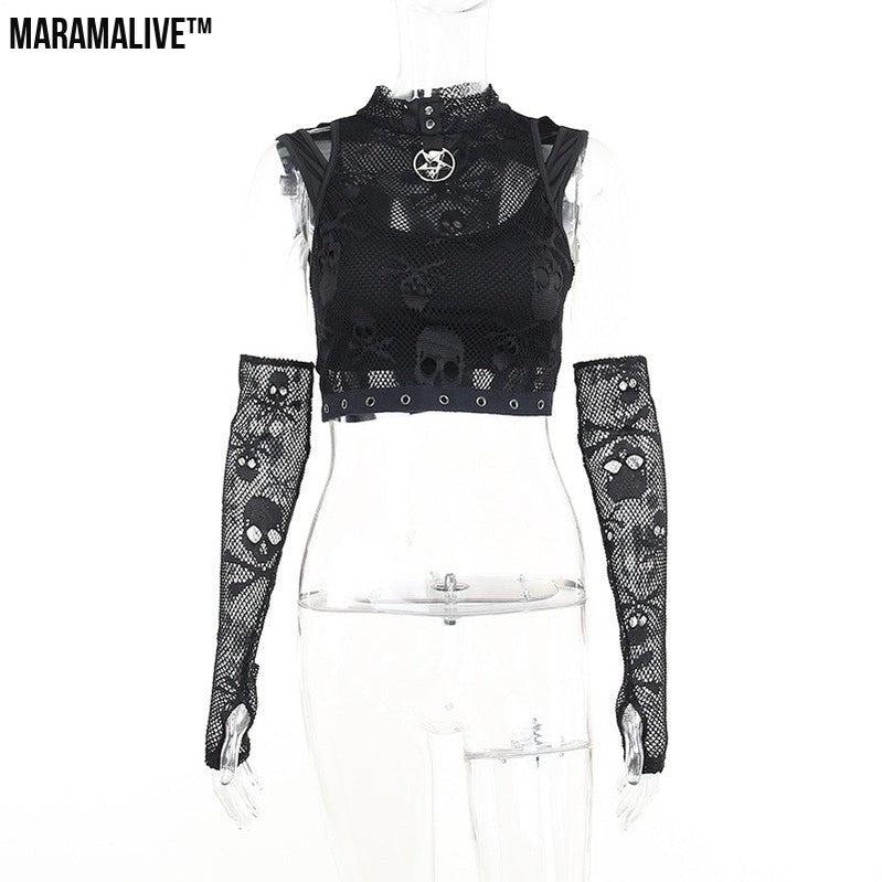 Raven’s Song: Skull Mesh Sleeve Lace See-through Gothic Vest Two-piece