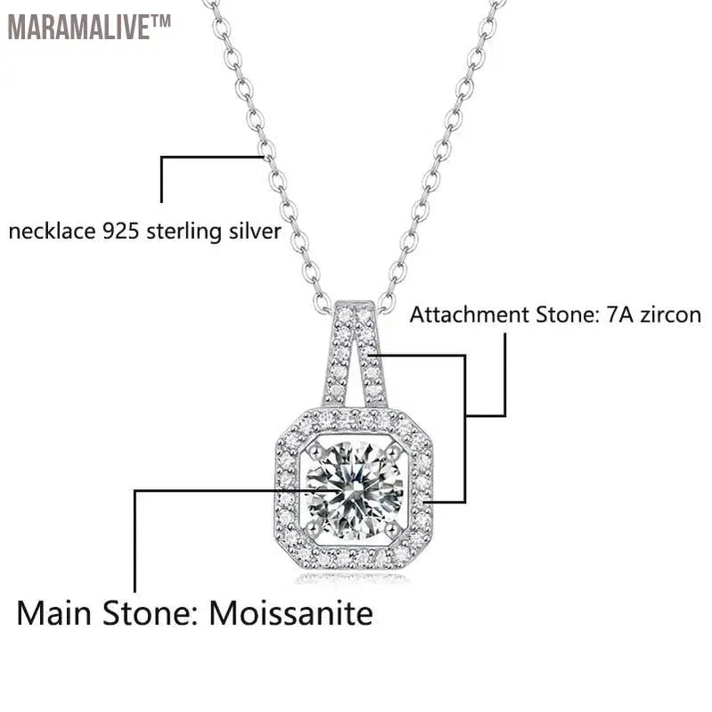 Real 1/2/3 Carat Moissanite Necklace 100% 925 Sterling Silver Lab Diamond Pendant Classic Box Chain Necklace for Wedding Bridal