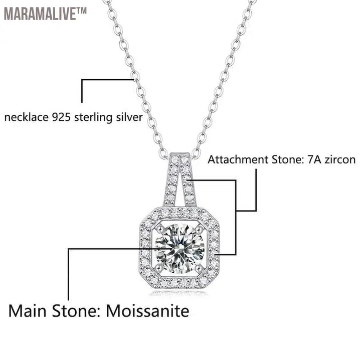 Real 1/2/3 Carat Moissanite Necklace 100% 925 Sterling Silver Lab Diamond Pendant Classic Box Chain Necklace for Wedding Bridal