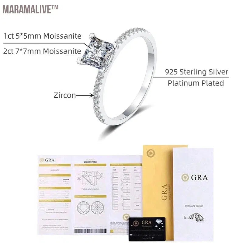 Real 1ct 2ct Princess Square Moissanite Rings For Women Sparkling Diamond Engagement Wedding Band S925 Silver Plated Pt950 GRA