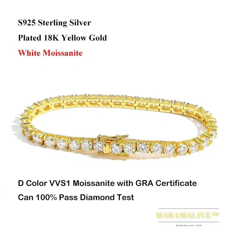 Real 2.5/3/4/5/6.5MM Full Moissanite Tennis Bracelet for Women Men S925 Silver Plated 18K Yellow Gold Diamond Bracelets