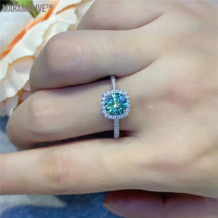 Real 3 Carat Blue Green Moissanite Rings 925 Sterling Silver Brilliant Cut Sparking Diamond Jewelry Women Wedding Band Gift GRA