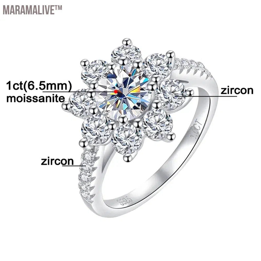 Real Moissanite 925 Sterling Silver For Women 1/2CT Sunflower Brilliant Diamond 18K Plated Wedding Jewelry Ring with Certificate