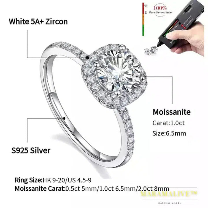 Real Moissanite 925 Sterling Silver Ring For Women Square Round 1CT 2CT 3CT Brilliant Diamond Finger Band Wedding Jewelry Gift