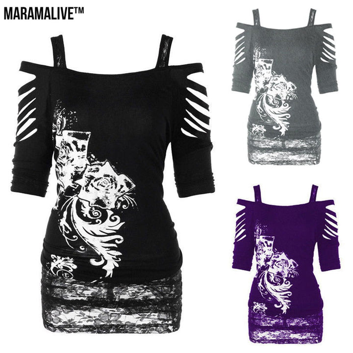 Rebel Without a Sleeve - New Off Shoulder Printed Rock Gothic Sling T-Shirt