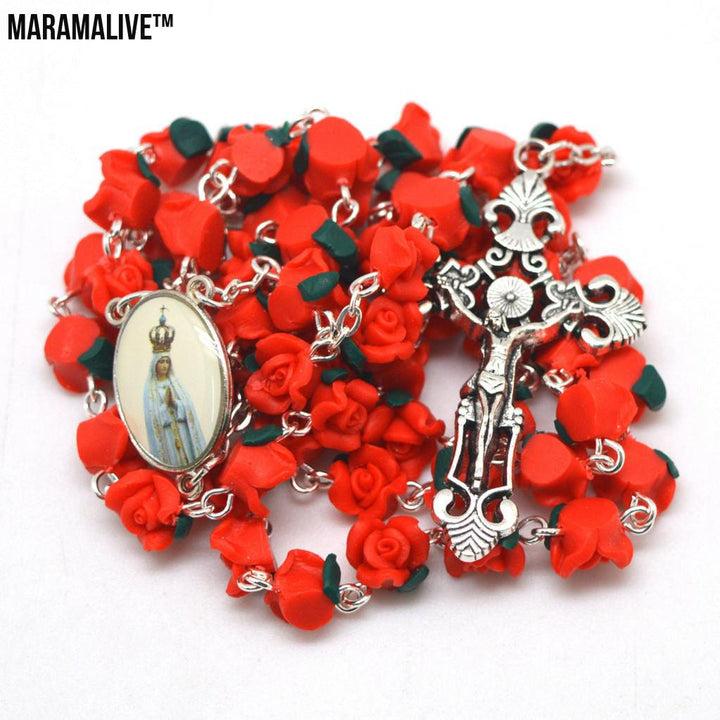 Red Clay Rose Catholic Rosary Necklace