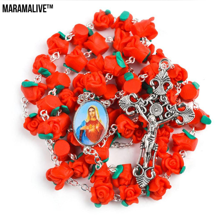 Red Clay Rose Catholic Rosary Necklace