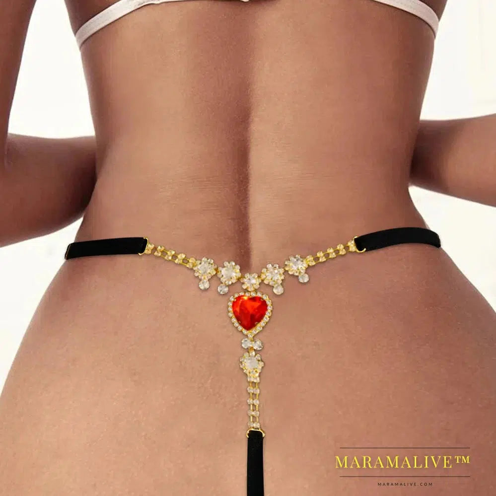 Red Crystal Sexy Bikini Thong Lingerie Clothing for Women Luxury Swimsuit Rhinestone Heart Panties Body Jewelry Gift