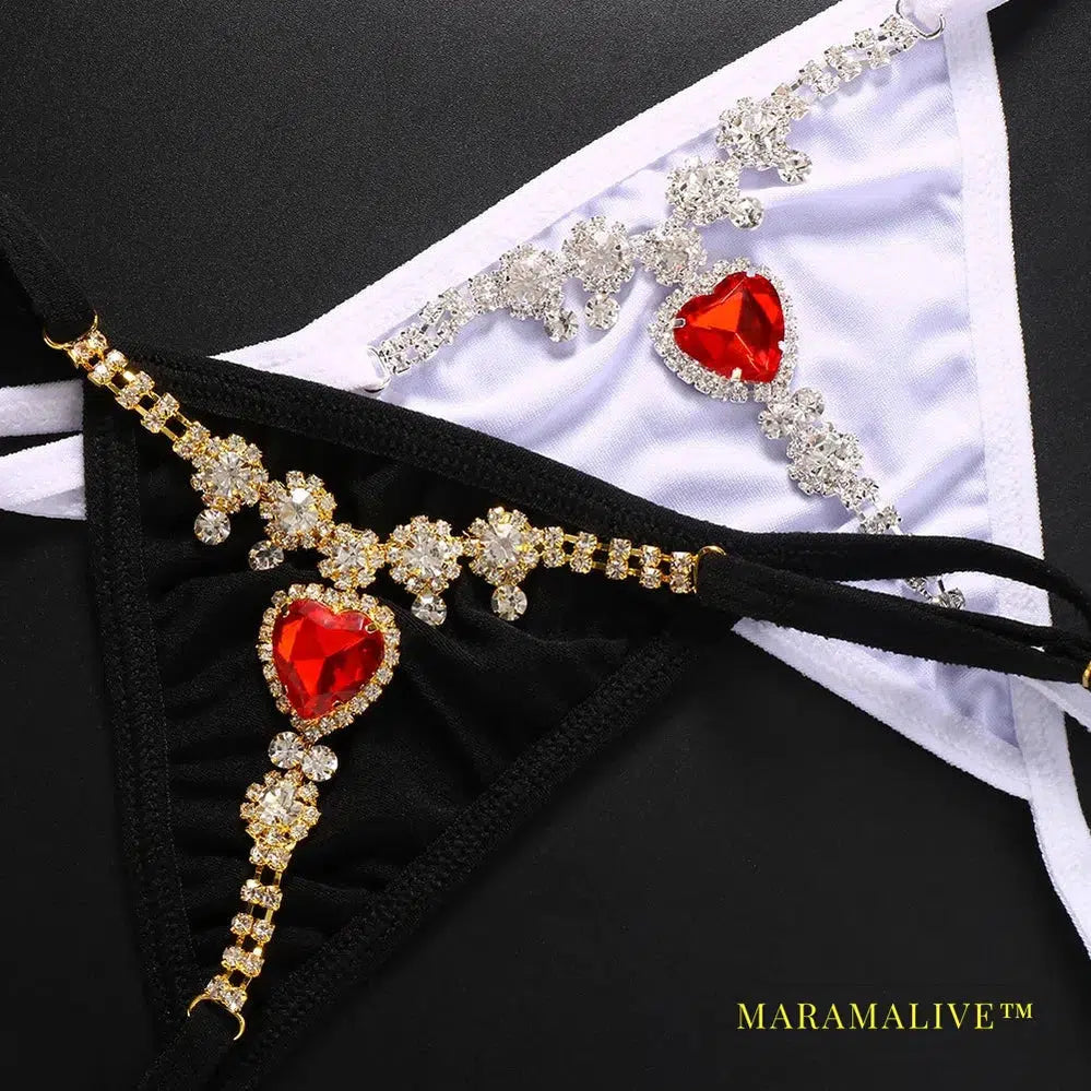 Red Crystal Sexy Bikini Thong Lingerie Clothing for Women Luxury Swimsuit Rhinestone Heart Panties Body Jewelry Gift