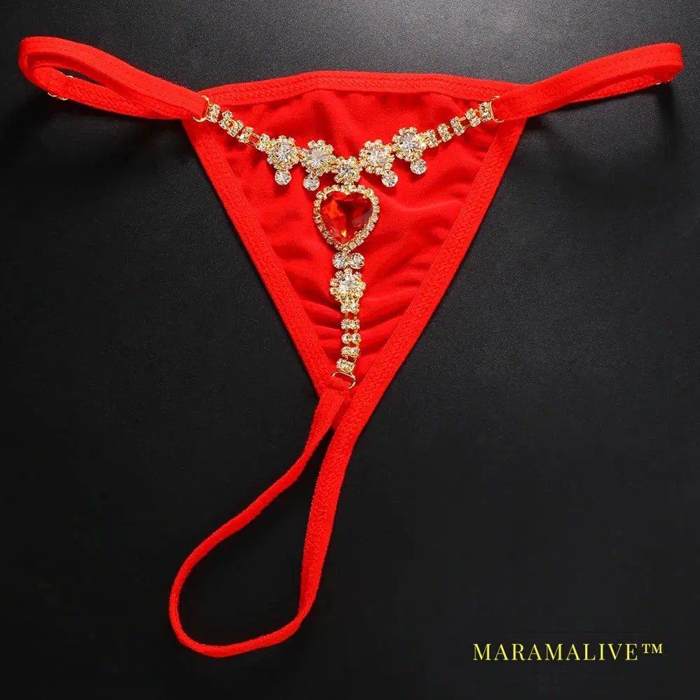 Red Crystal Sexy Bikini Thong Lingerie Clothing for Women Luxury Swimsuit Rhinestone Heart Panties Body Jewelry Gift