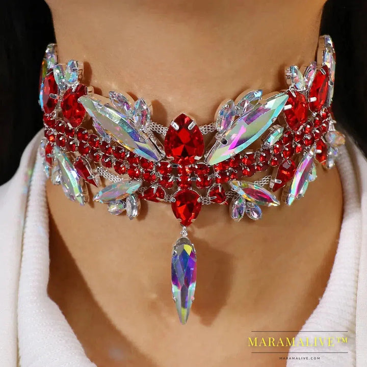 Red Rhinestone Exaggerate Choker Necklace Wedding Accessories Statement Bridal Crystal Collar Choker Jewelry for Women