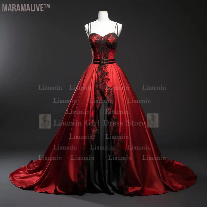 Red Satin With Black Lace Edge Applique Floor Length Lace Up Evening Dress Brithday Party Elagant Clothing Princess SKirt W1-13