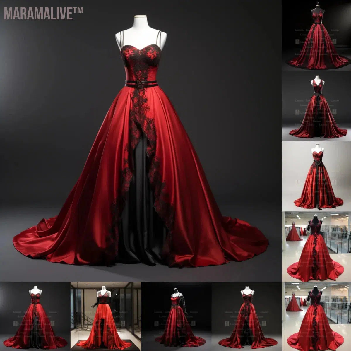 Red Satin With Black Lace Edge Applique Floor Length Lace Up Evening Dress Brithday Party Elagant Clothing Princess SKirt W1-13