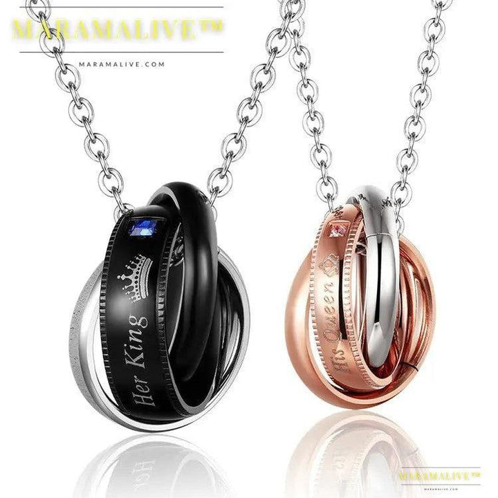 Regal 'King and Queen' Titanium Steel Couple Necklace Set - The Ultimate Duo Accessory