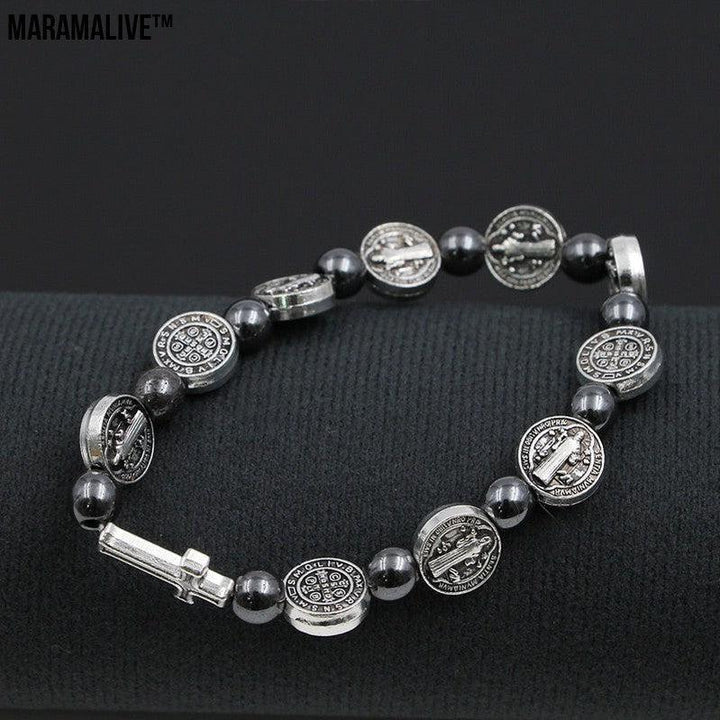 Religious Character Pattern Hematite Rosary Bracelet