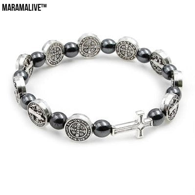 Religious Character Pattern Hematite Rosary Bracelet