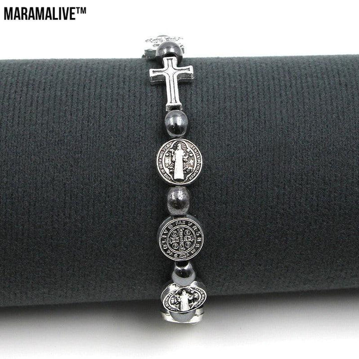 Religious Character Pattern Hematite Rosary Bracelet