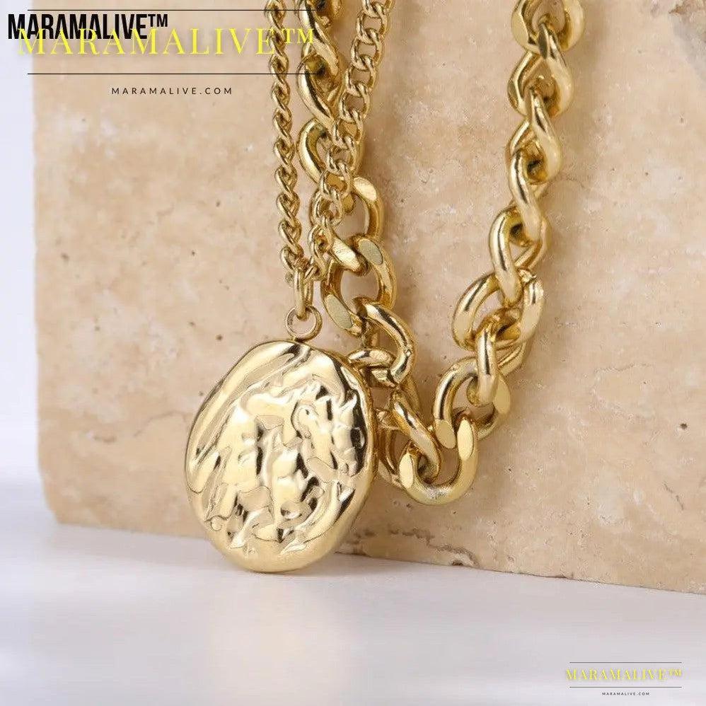 Retro Abstract Coin Pendant Necklace Double Layer