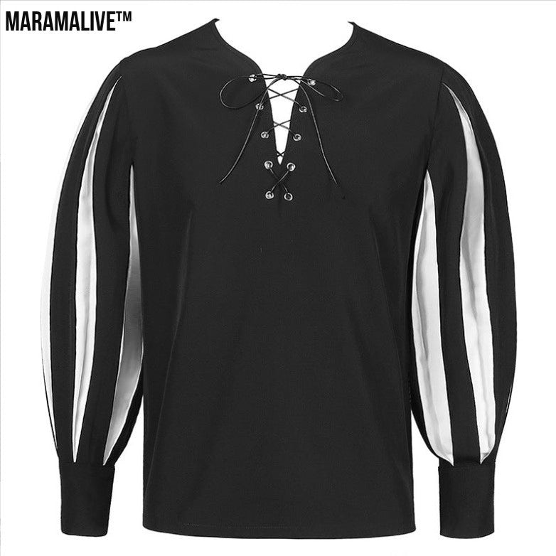 Retro Color Matching Lace Up Collar Shirt Clothing For Women