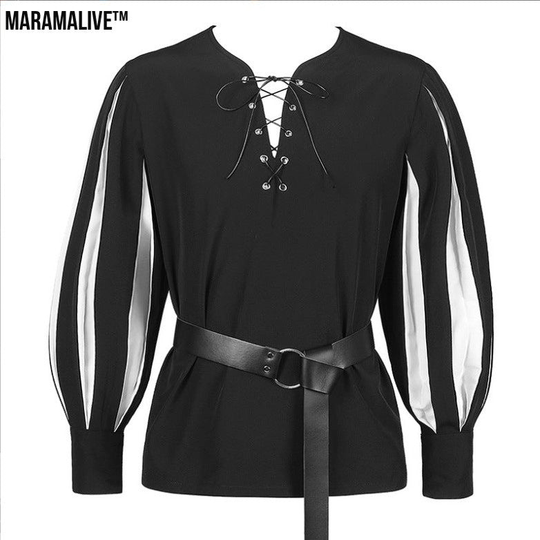 Retro Color Matching Lace Up Collar Shirt Clothing For Women