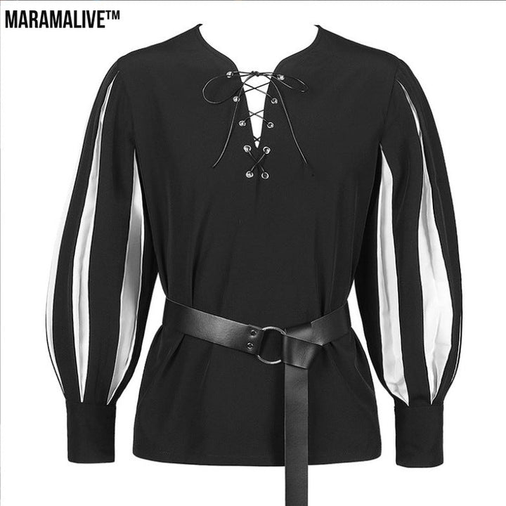 Retro Color Matching Lace Up Collar Shirt Clothing For Women