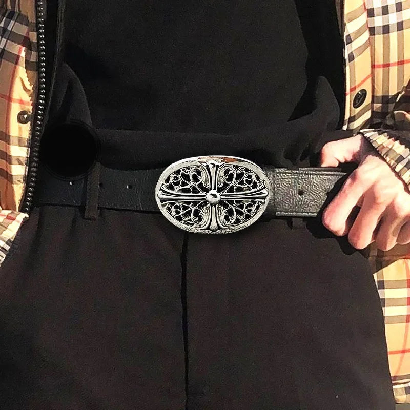 Retro Cross Buckle Embossed Belt: Men's Y2K Punk Waistband - A Unique & Unusual Statement Piece