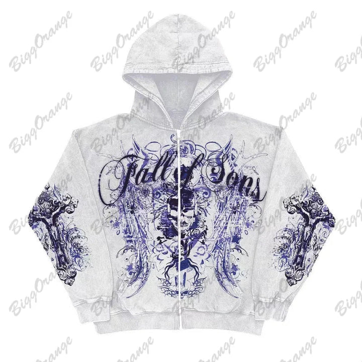 Retro Fashion Gothic Skull Bone Print Oversized Hoodie women Y2K Street Hip Hop Versatile Slim Casual Sweater Clothes