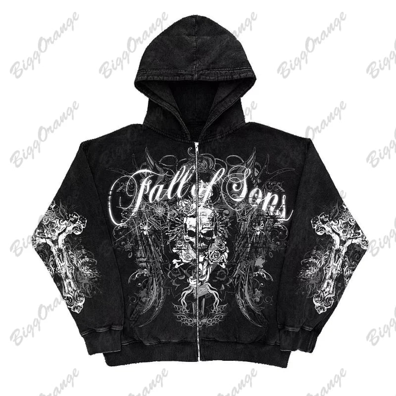 Retro Fashion Gothic Skull Bone Print Oversized Hoodie women Y2K Street Hip Hop Versatile Slim Casual Sweater Clothes