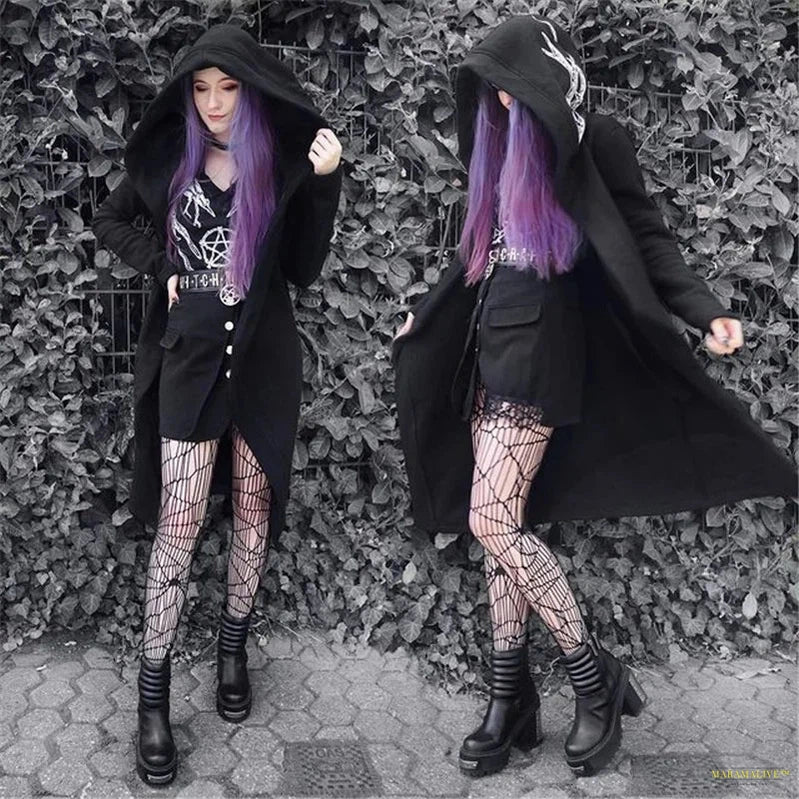 Retro Goth Fashion Women Hoodie Long Sleeve Printing Patchwork Hooded Collar Loose Cardigan Gothic Style Ladies Hoodie Autumn