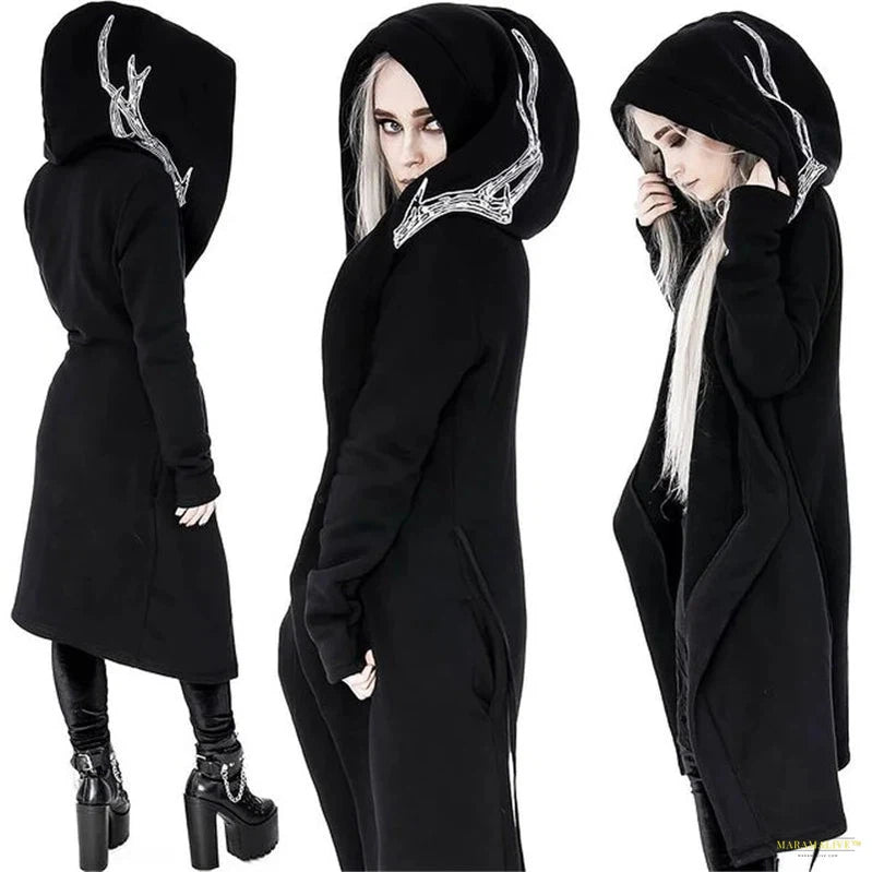 Retro Goth Fashion Women Hoodie Long Sleeve Printing Patchwork Hooded Collar Loose Cardigan Gothic Style Ladies Hoodie Autumn