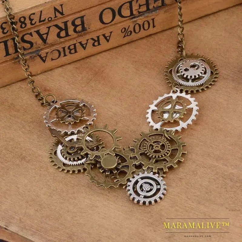 Retro Industrial Age Various Gears with Clock Pointer Women`s Steampunk Necklace