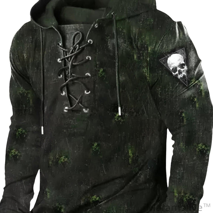 Retro Lace Up Gothic Style Hoodies For Men, Men's Casual Graphic Design Hooded Sweatshirt Streetwear For Winter Fall, As Gifts