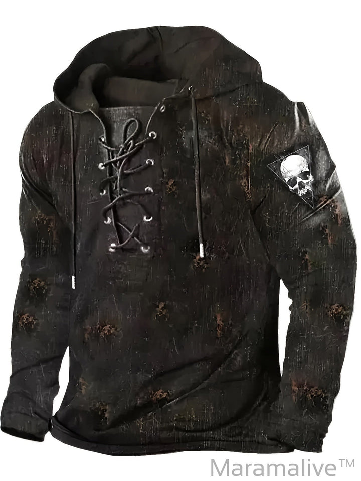 Retro Lace Up Gothic Style Hoodies For Men, Men's Casual Graphic Design Hooded Sweatshirt Streetwear For Winter Fall, As Gifts