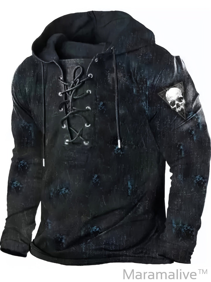 Retro Lace Up Gothic Style Hoodies For Men, Men's Casual Graphic Design Hooded Sweatshirt Streetwear For Winter Fall, As Gifts