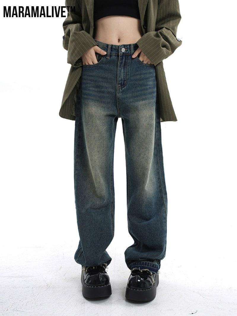 Retro Loose Fitting Wide Leg Pants - Baggy High Street Mop Jeans With Waisted Straight Tube