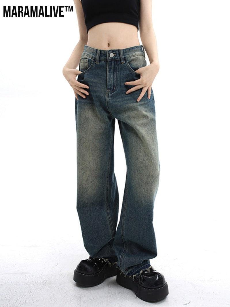 Retro Loose Fitting Wide Leg Pants - Baggy High Street Mop Jeans With Waisted Straight Tube