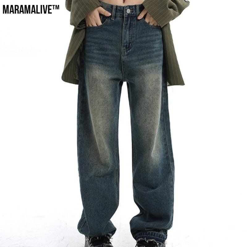 Retro Loose Fitting Wide Leg Pants - Baggy High Street Mop Jeans With Waisted Straight Tube