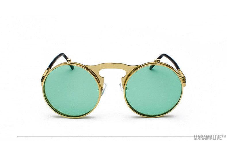 Retro Metal Steampunk Flip Sunglasses Round Frame