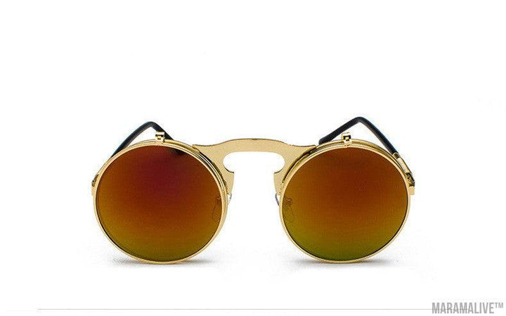 Retro Metal Steampunk Flip Sunglasses Round Frame