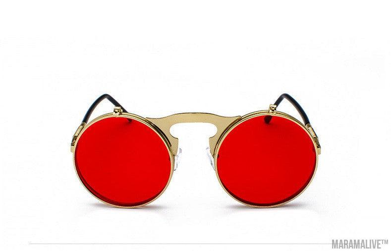 Retro Metal Steampunk Flip Sunglasses Round Frame