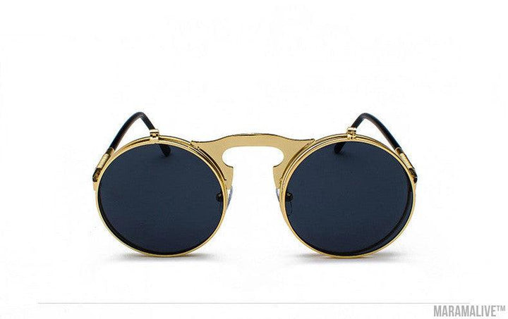 Retro Metal Steampunk Flip Sunglasses Round Frame